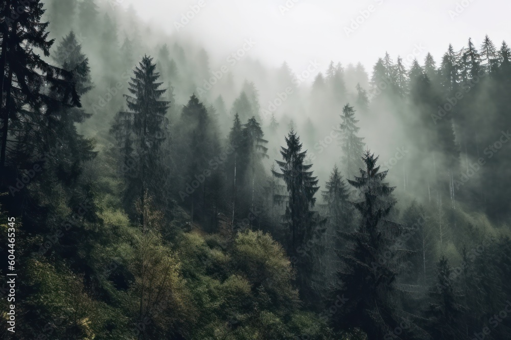 AI Generated close view of a mountain forest with high trees myst and fog grim background
