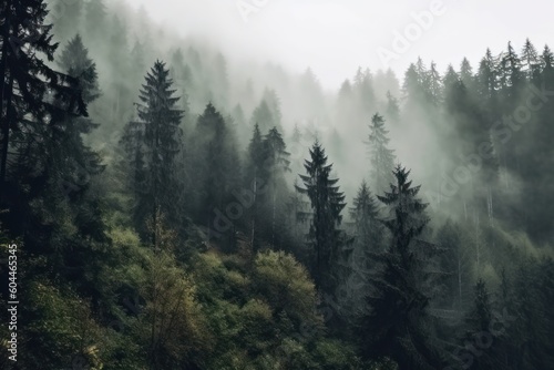 AI Generated close view of a mountain forest with high trees myst and fog grim background © NikahGeh