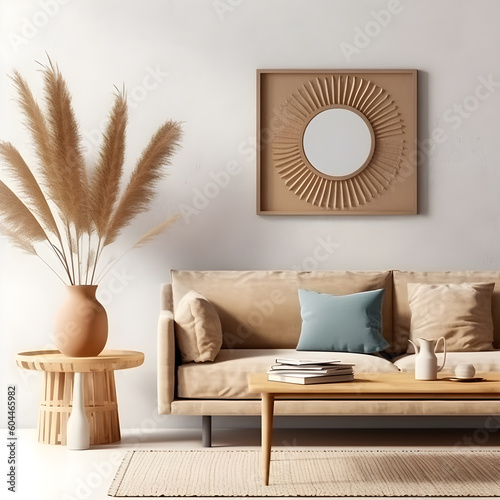Frame mockup in living room interior background, Coastal boho style, 3D render, generative ai