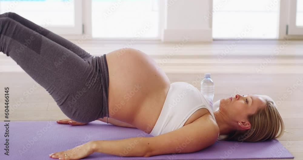 Fitness, breathing and ball with pregnant woman on yoga mat for workout, health or exercise. Wellness, strong and pregnancy with mother on floor of home for training, relax or focus on maternity