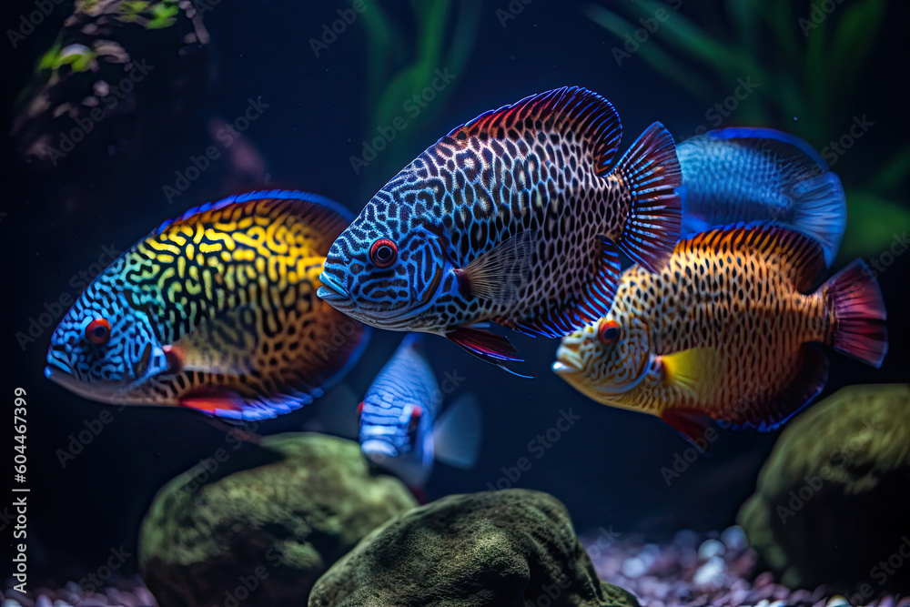 two fish swimming in an aquarium with rocks and algaes on the bottom, looking at each other fishes below. Generative Ai