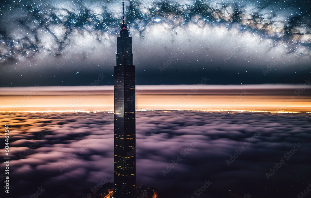 Fototapeta premium Skyscraper on the Milky Way background. Generative AI.