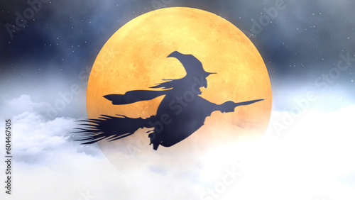 Witch Silhouette Flying Broom Past Orange Moon features the silhouette of a witch flying on her broom in front of an orange full moon with clouds.