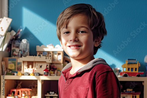 A young boy standing in front of a room full of toys