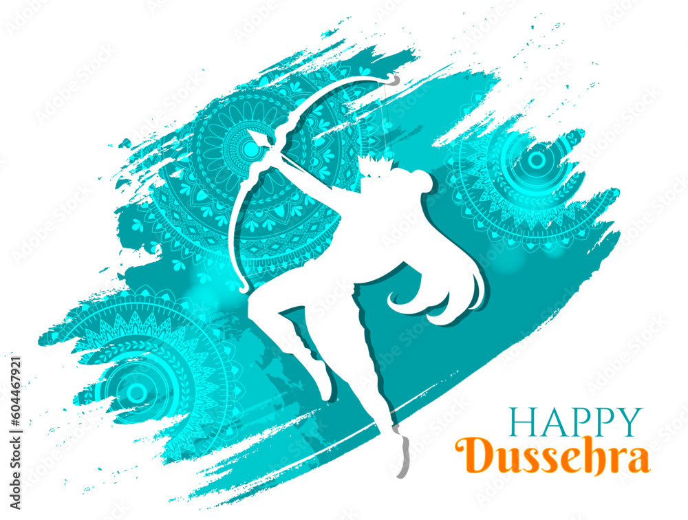 Banner with Dussehra. Silhouette of woman with bow, goddess in paper cut style. Traditional Indian holiday and festival. Eastern religion and culture. Flat vector illustration Banner with Dussehra. Silhouette of woman with bow, goddess in paper cut style. Traditional Indian holiday and festival. Eastern religion and culture. Flat vector illustration