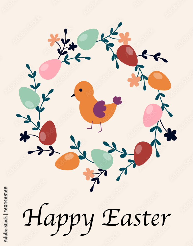 Happy Easter poster. Bird in circle of colorful eggs and branches. Traditional spring religious holidays. Design element for greeting postcard. Cartoon flat vector illustration