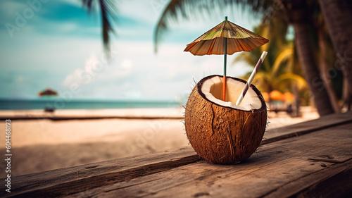Coconut Cocktail Juice drink on the Tropical Ocean Beach Bar. Exotic Summer Cold Beverage. Caribbean paradise island. generative ai