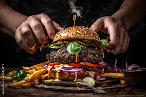 a hamburger being served on a wooden cutting board with french fries in the background and smoke coming out from the burger. Generative Ai