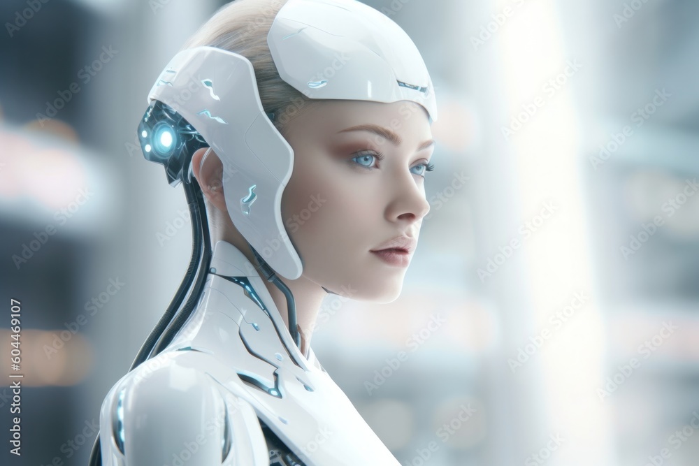 Illustration of a beautiful female android head. Robotic and artificial