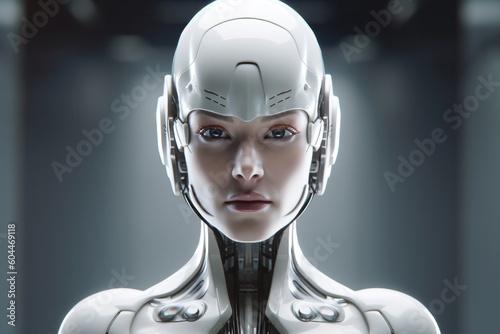 Illustration of a beautiful female humanoid head. Robotic and artificial intelligence concept. Futuristic concept. Created with Generative AI technology.