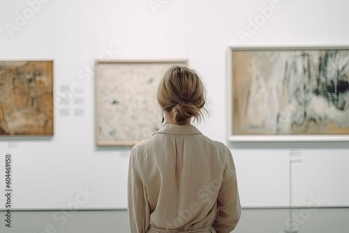 Young woman looks at paintings in a museum. Woman at art gallery