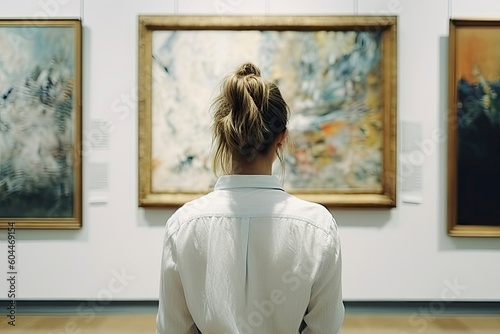 Young woman looks at paintings in a museum. Woman at art gallery photo