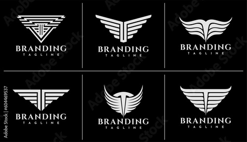 Geometric line wing letter T logo branding