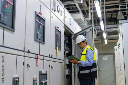 Professional Asian male engineer in safety uniform working at factory server electric control panel room. Industrial technician worker maintenance checking power system at manufacturing plant room.