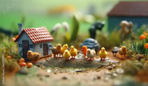 AI Generated: Miniature Clay World - Super Cute Freeze Frame Animation. Poultry Farming and Agricultural Machinery in Tilt Shift Landscape. Excellent Lighting Enhances Volume with Brush Rendering.