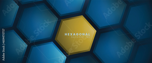 background wallpaper made of several hexagons in blue with one main hexagonal in yellow using a dark blue background and some white line ornaments