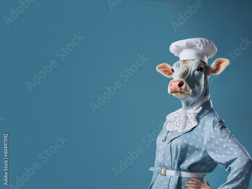 An anthropomorphic blue cow with white spots dressed as a chef. She proudly displays herself in her uniform, sophistication in haute cuisine with the tenderness of a cow.copy space, Generative AI