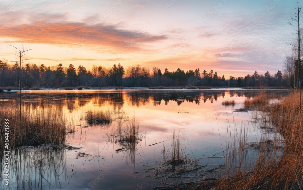 Beautiful panorama shot of a sunset over a lake casting colorful reflections on the still water. Generative AI illustration.