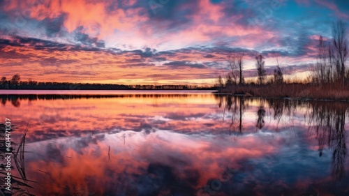 Beautiful panorama shot of a sunset over a lake casting colorful reflections on the still water. Generative AI illustration. © Tuyres