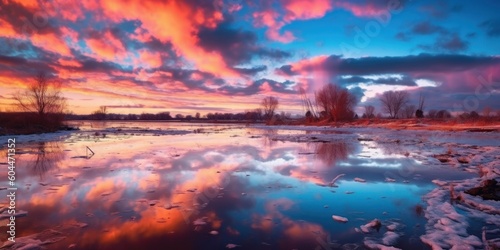 Beautiful panorama shot of a sunset over a lake casting colorful reflections on the still water. Generative AI illustration. photo