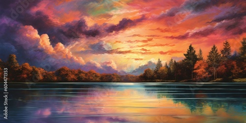 Beautiful panorama shot of a sunset over a lake casting colorful reflections on the still water. Generative AI illustration. photo