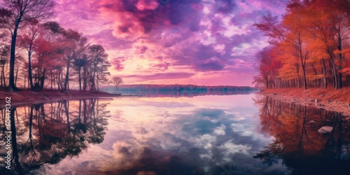 Beautiful panorama shot of a sunset over a lake casting colorful reflections on the still water. Generative AI illustration. © Tuyres
