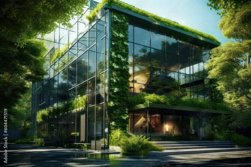 Eco-friendly glass business building with natural landscaping. AI generated, human enhanced Eco-friendly glass business building with natural landscaping. AI generated, human enhanced