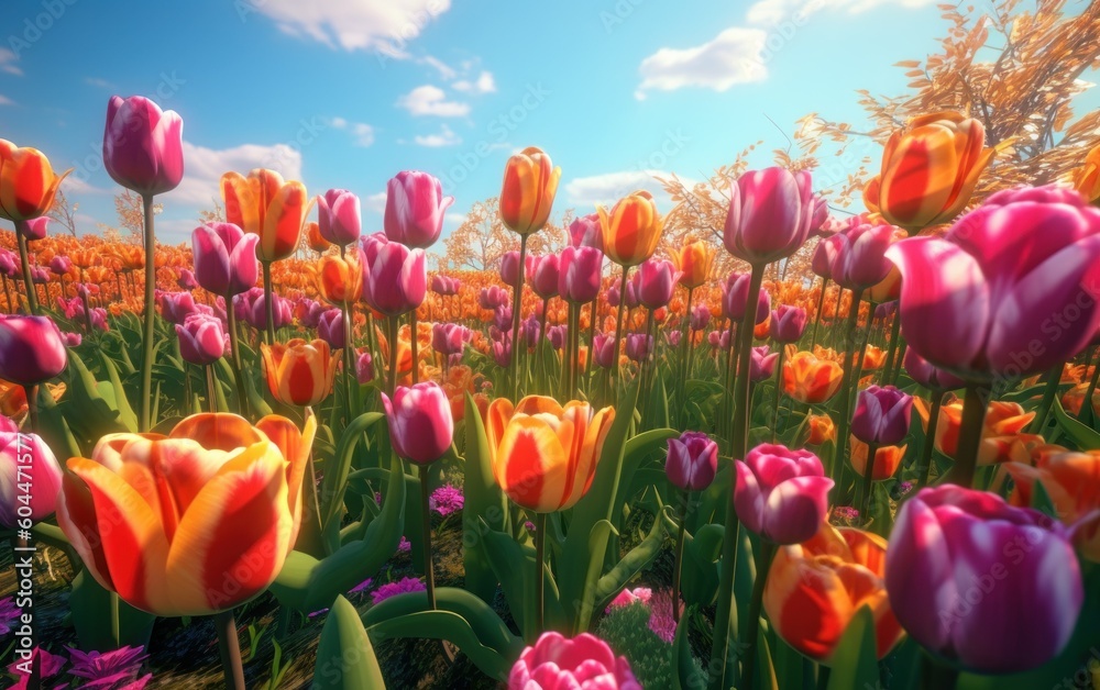 Beautiful flowers in a colorful tulips field. Generative AI illustration.
