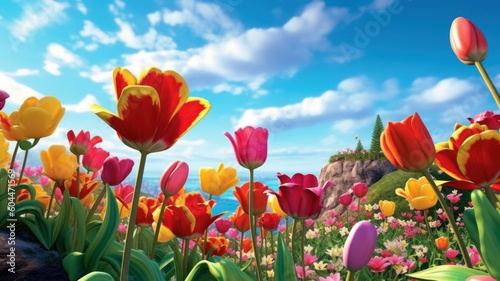 Beautiful flowers in a colorful tulips field. Generative AI illustration.