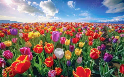 Beautiful flowers in a colorful tulips field. Generative AI illustration.