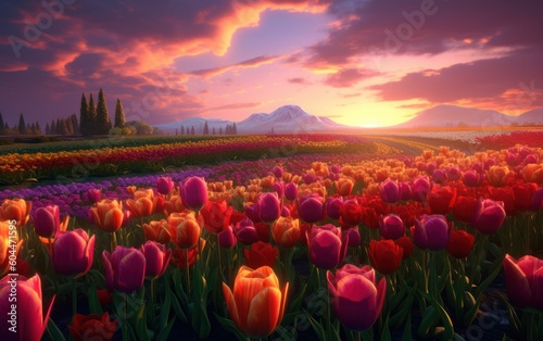 Beautiful panorama of sunset over a colorful tulips field in the mountains. Generative AI illustration.