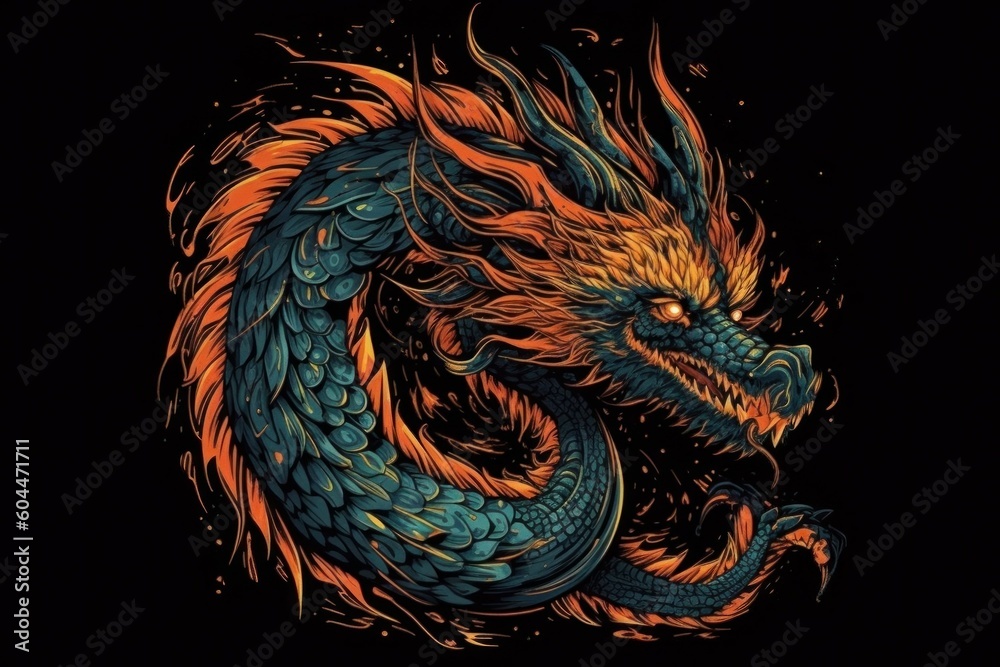 Dragon from fire on black background. Drawing style. Preparation for printing. AI generated, human enhanced Dragon from fire on black background. Drawing style. Preparation for printing. AI generated, human enhanced