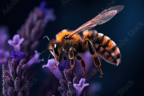 Macro close-up illustration of a bee on a pink lavender flower. Generative AI. photo