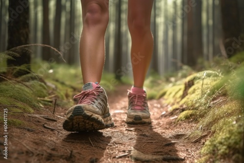 Legs of a woman jogging in the forest. Walking in nature in the fresh air after the rain. AI generated, human enhanced