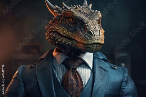 Anthropomorphic dragon dressed in a suit like a businessman. Business Concept. AI generated, human enhanced.