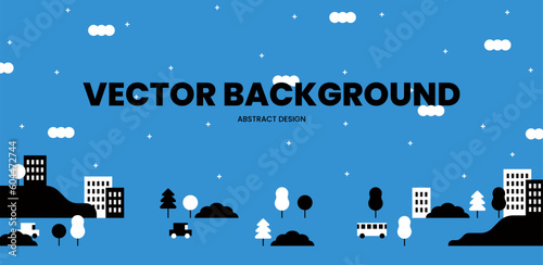 City landscape with modern building, hill, tree. Abstract horizontal banner. Urban background. Copy space. Header image for web. Trendy geometric flat design style minimal simple vector illustration.