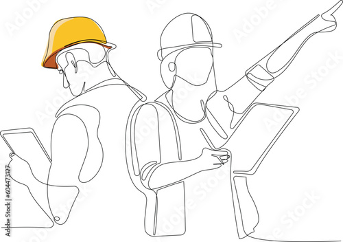 construction manager and engineer working on building site. Vector illustration