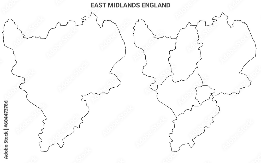East Midlands England Administrative Map Set - blank counties or boroughs outline