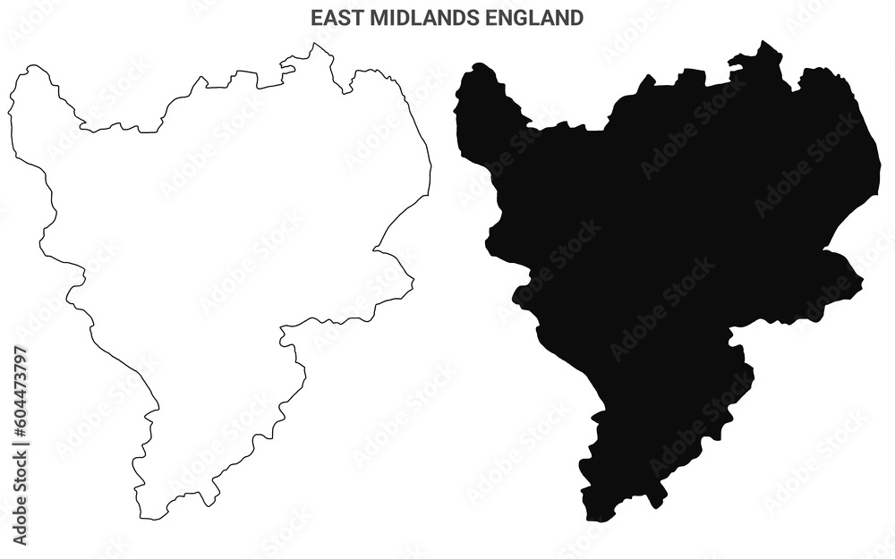East Midlands England Map Set - blank outline  map