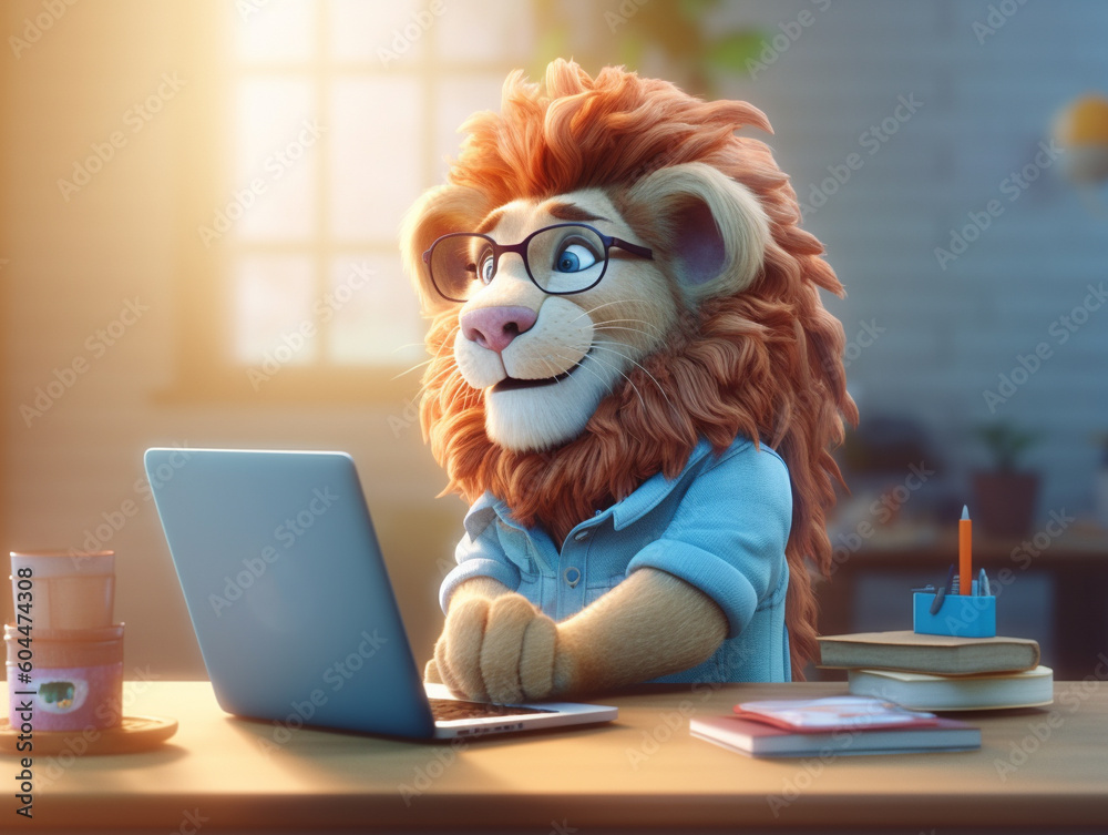 Fototapeta premium A 3D Render of a Cartoon Lion Who is a Social Media Influencer | Generative AI