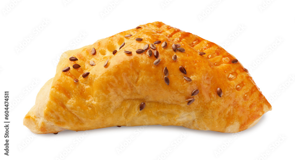 Fresh delicious puff pastry with cheese on white background Fresh delicious puff pastry with cheese on white background