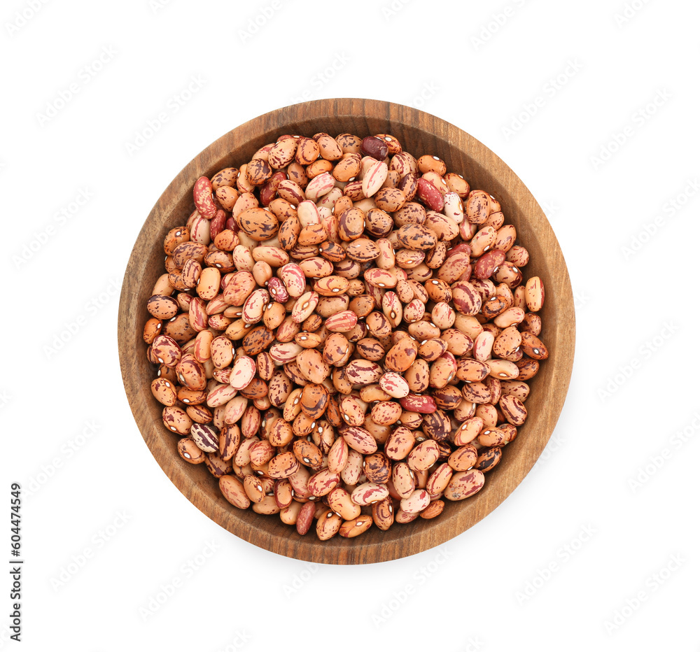 Wooden bowl with raw kidney beans isolated on white, top view Wooden bowl with raw kidney beans isolated on white, top view