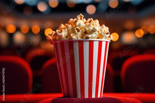 Close up on a red and white striped popcorn cup with lots of popcorn in a movie theater with red seats.