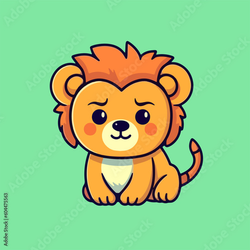 A cartoon lion sits on a green background.