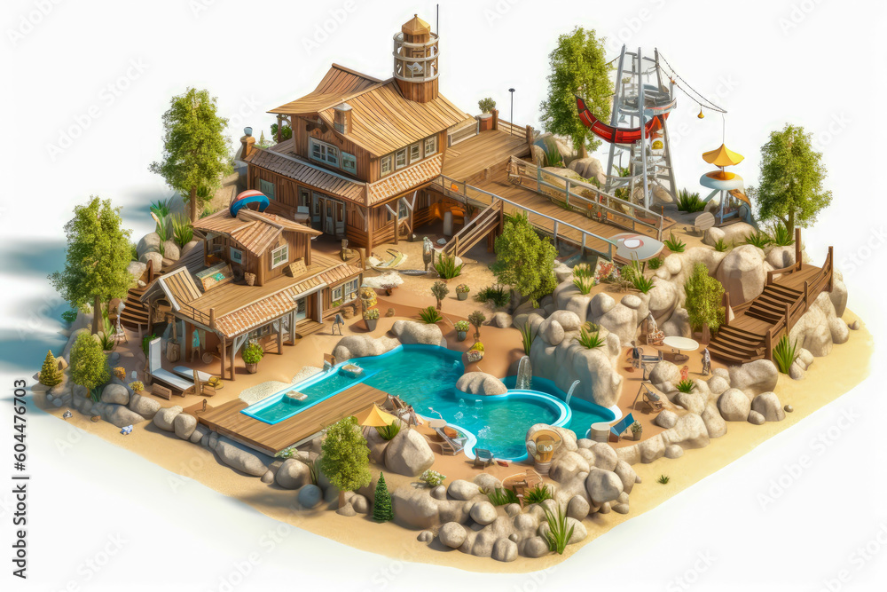 aerial view of a wooden recreation zone, with swmming pools, generative, isometric illustration, ai