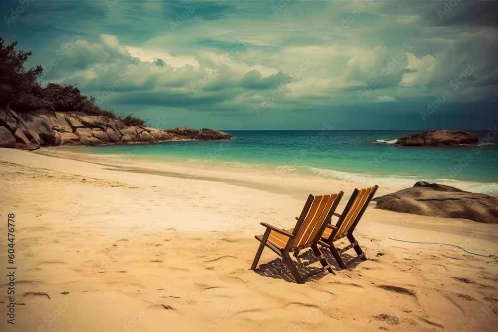 two empty chairs on the beach, sunny day, relax, vacations, generative ai