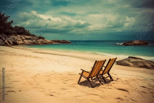 two empty chairs on the beach, sunny day, relax, vacations, generative ai © VicenSanh