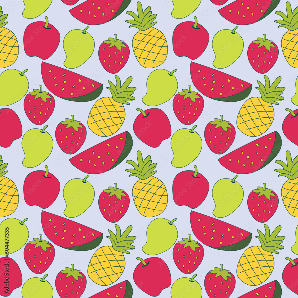 Fruit seamless pattern with colorful fruity elements on a light background includes strawberry, pineapple, apple, and watermelon Fruit seamless pattern with colorful fruity elements on a light background includes strawberry, pineapple, apple, and watermelon