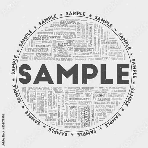 Sample - round badge. Text sample with keywords word clouds and circular text. Shady Character color theme and grunge texture. Stylish vector illustration.