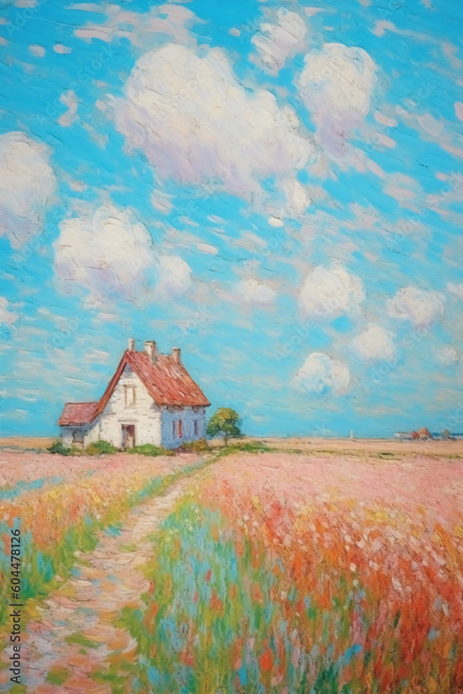 abstract painting in mint pink, pink wheat fields, field cottages, blue sky and white clouds. AI generative abstract painting in mint pink, pink wheat fields, field cottages, blue sky and white clouds. AI generative